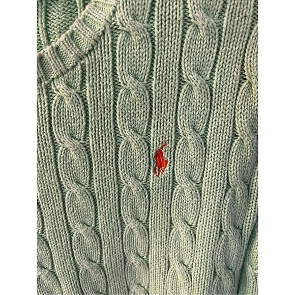 Ralph Lauren Light Green Cable Knit Polo Pony Crew Neck Sweater sz M EUC - Picture 2 of 6